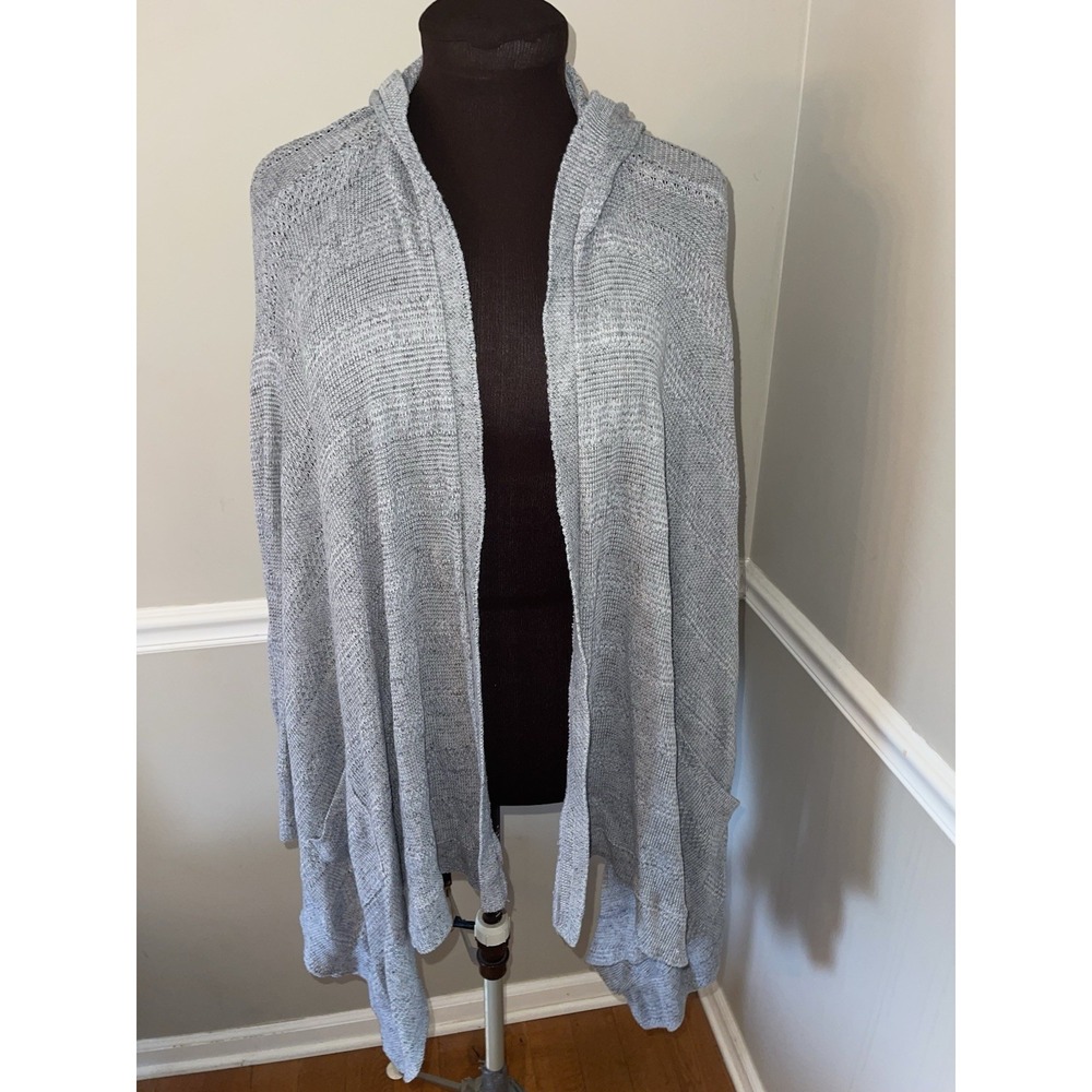 American Eagle Gray Hooded Cardigan Sweater Womens L Lightweight Waffle Pockets‎